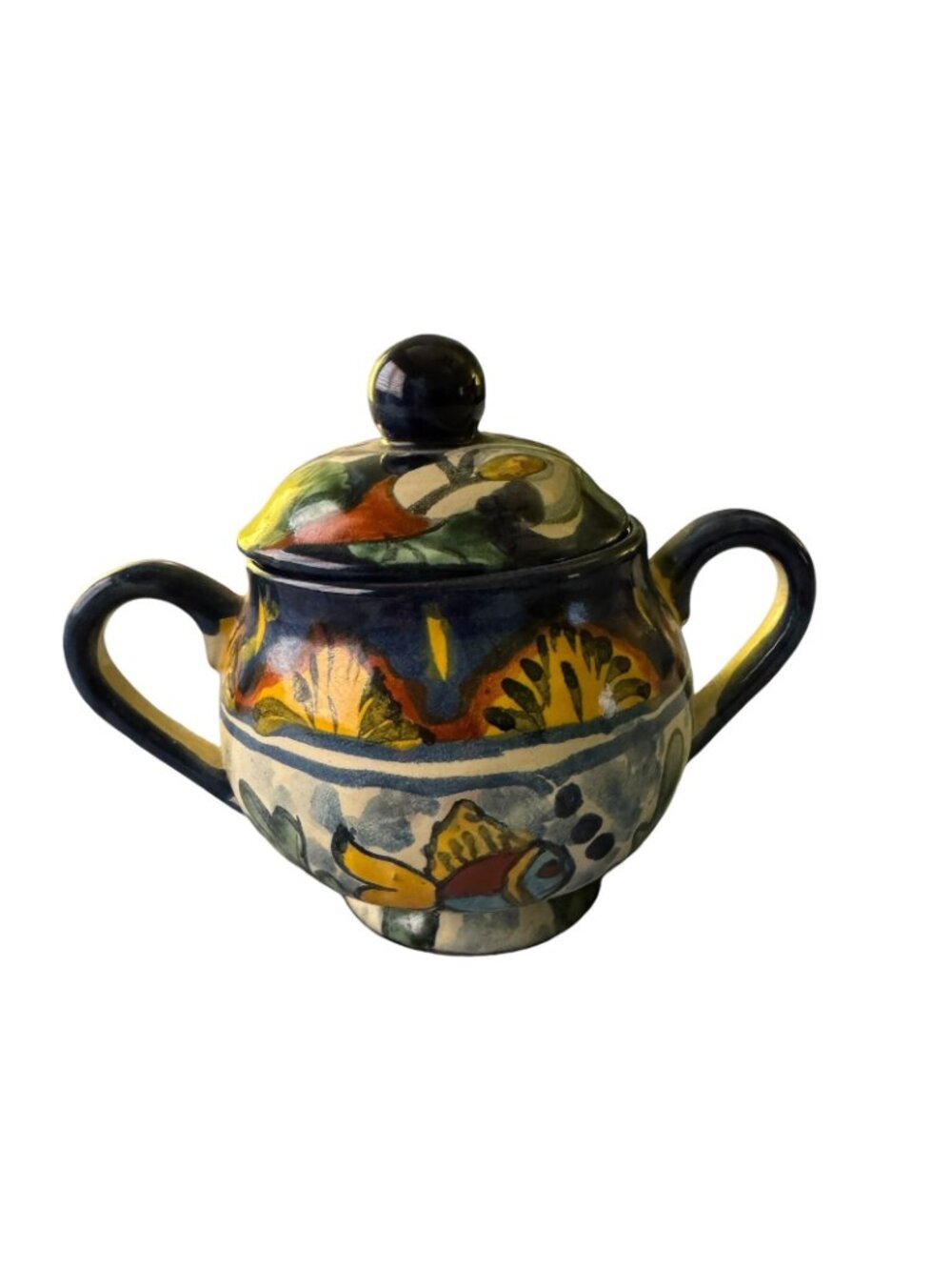 Talavera Sugar Bowl Lilies Fish Blue White Brown Yellow Red Clay w/ Lid - Picture 3 of 8